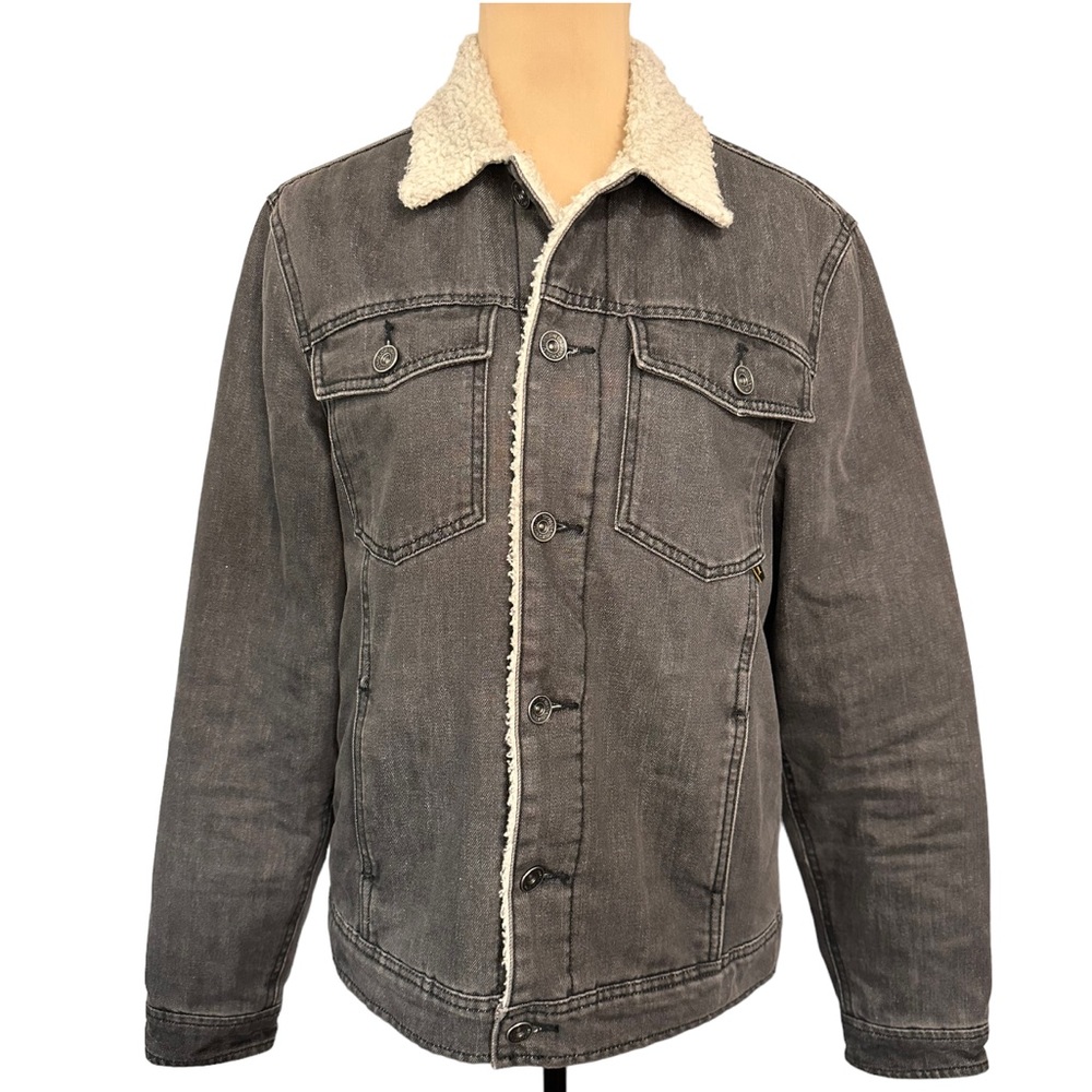 WeSC Sherpa Lined Denim Trucker Jacket Gray Unisex Size S Fleece Western - Picture 2 of 6